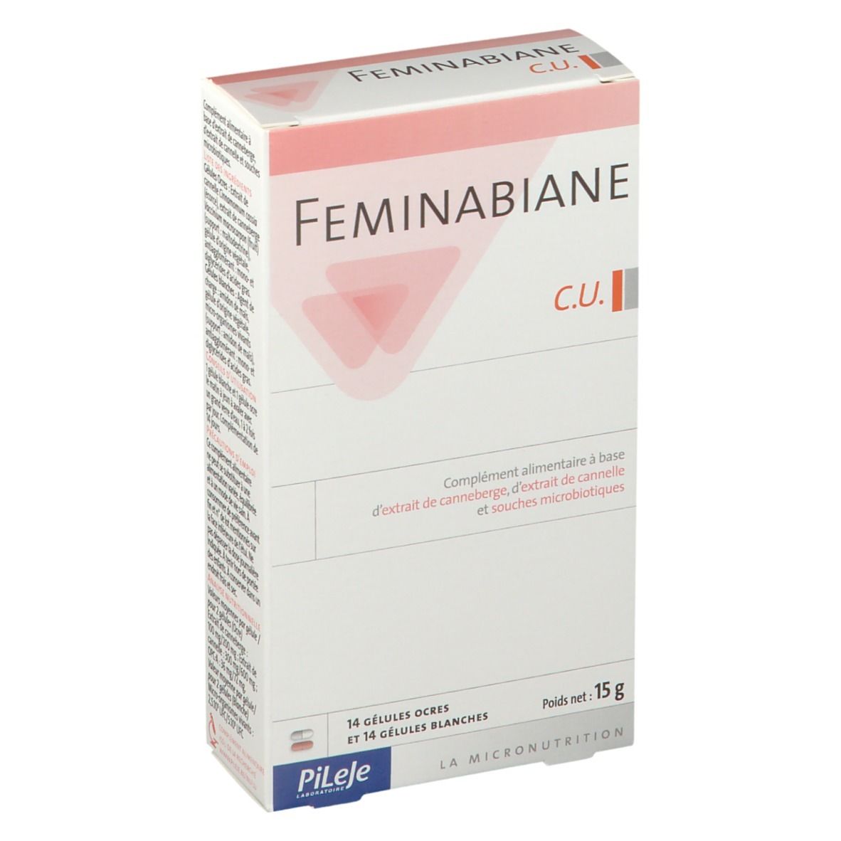 Boîte de produit avec nom et logo. Contient 14 gélules ocre et 14 blanches. Poids net : 15 g.