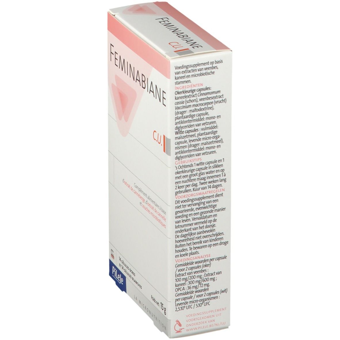 Boîte de produit en biais avec texte. Contient des informations sur les ingrédients et le dosage. Marque : Feminabiane.