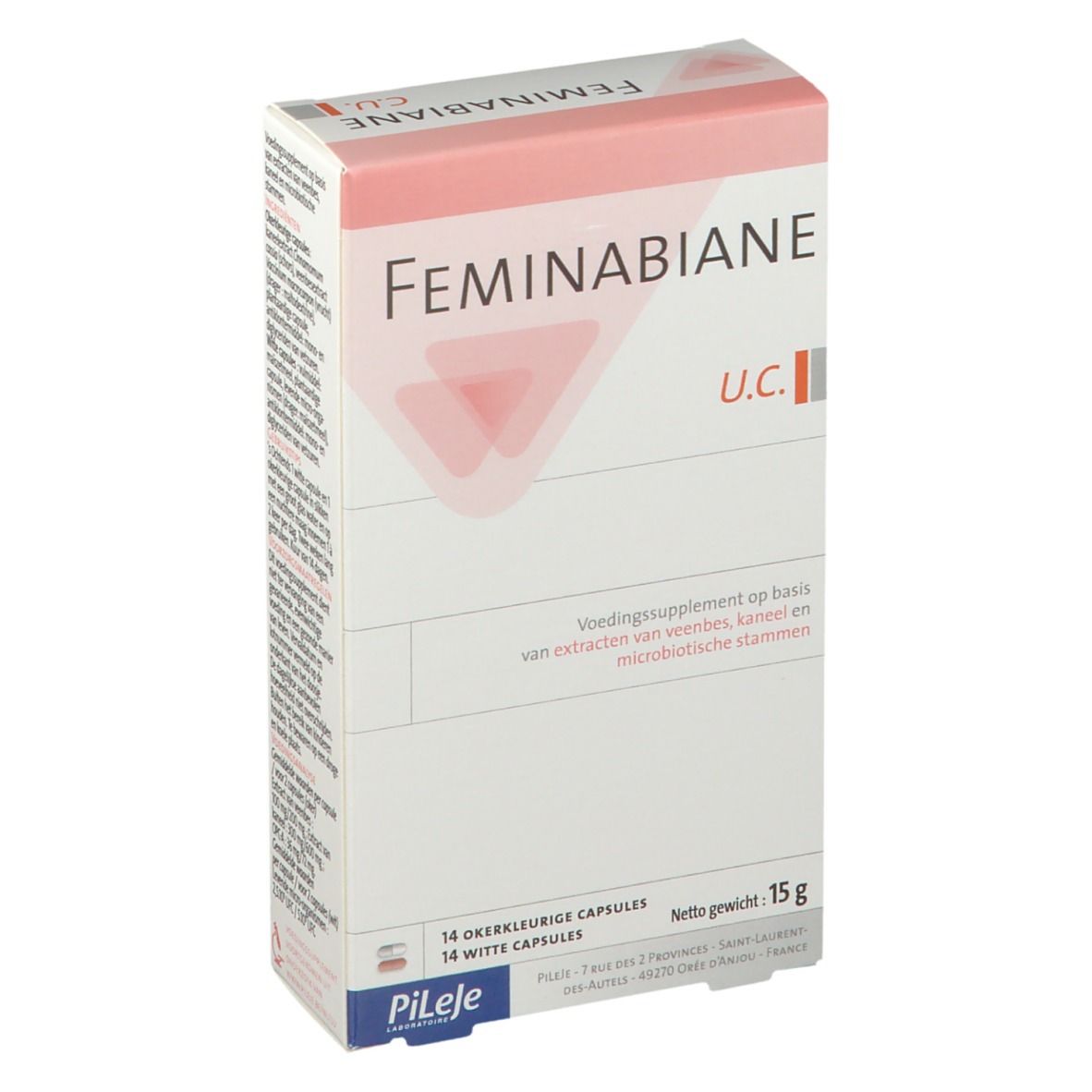 Boîte de produit avec nom et logo. Contient 14 gélules ocre et 14 blanches. Poids net : 15 g.