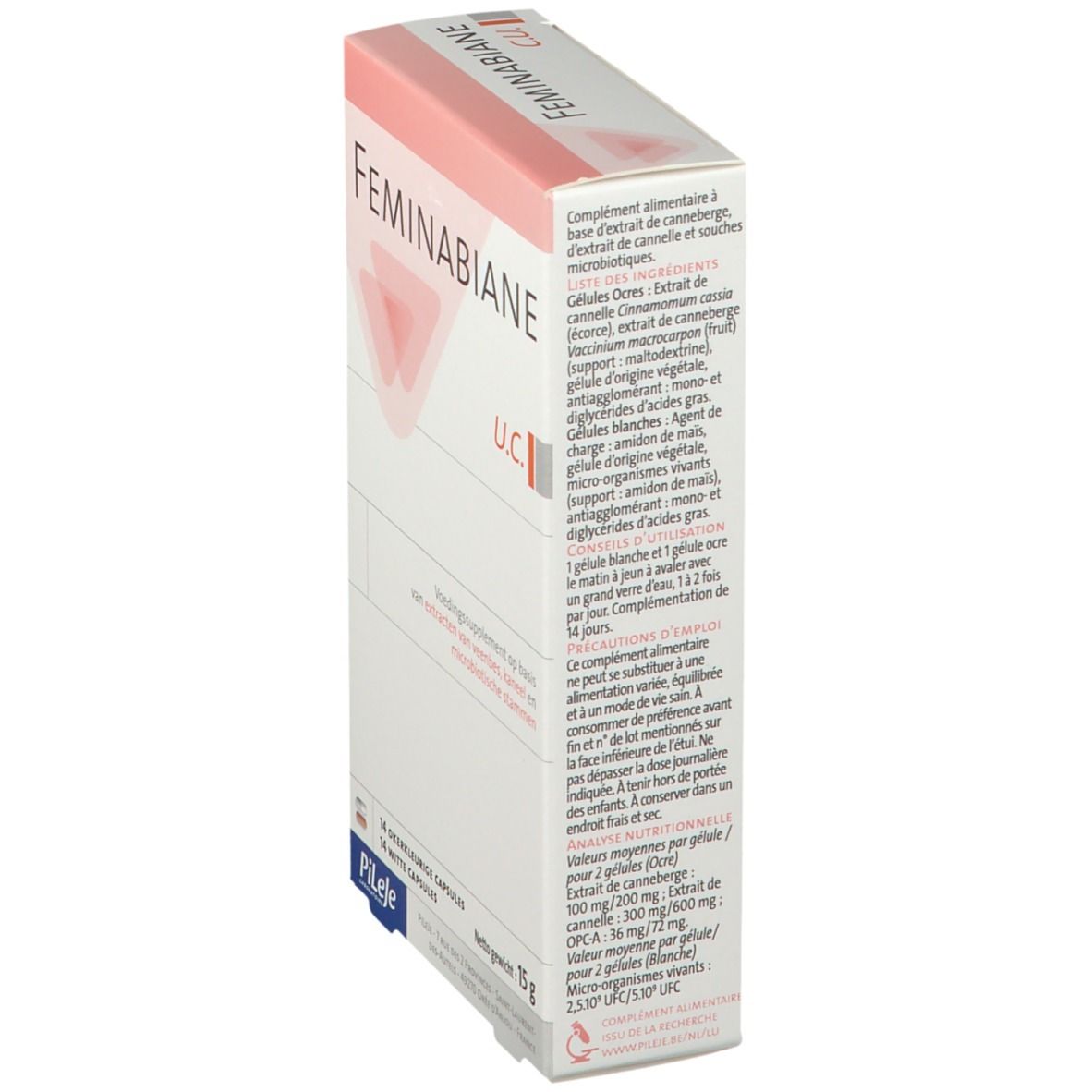 Boîte de produit avec texte et informations sur les ingrédients. Contient des informations sur le dosage. Marque : Feminabiane.