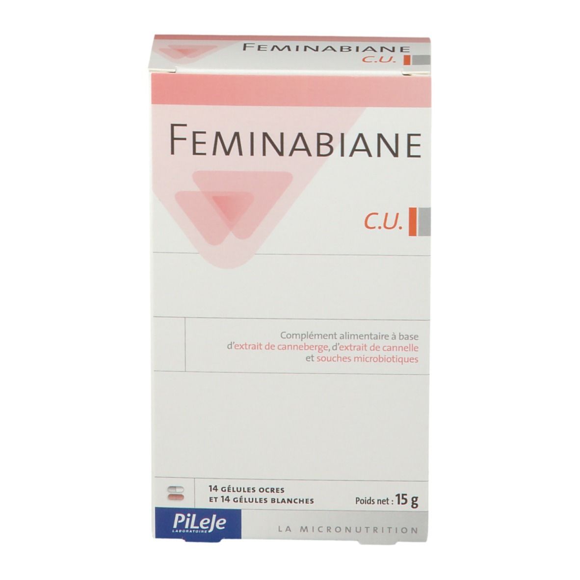 Boîte de produit avec nom et logo. Contient 14 gélules ocre et 14 blanches. Poids net : 15 g.