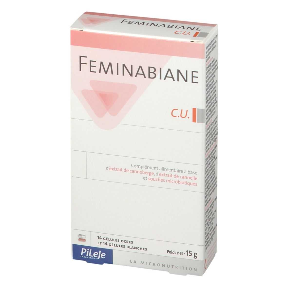 Boîte de produit avec nom et logo. Contient 14 gélules ocre et 14 blanches. Poids net : 15 g.
