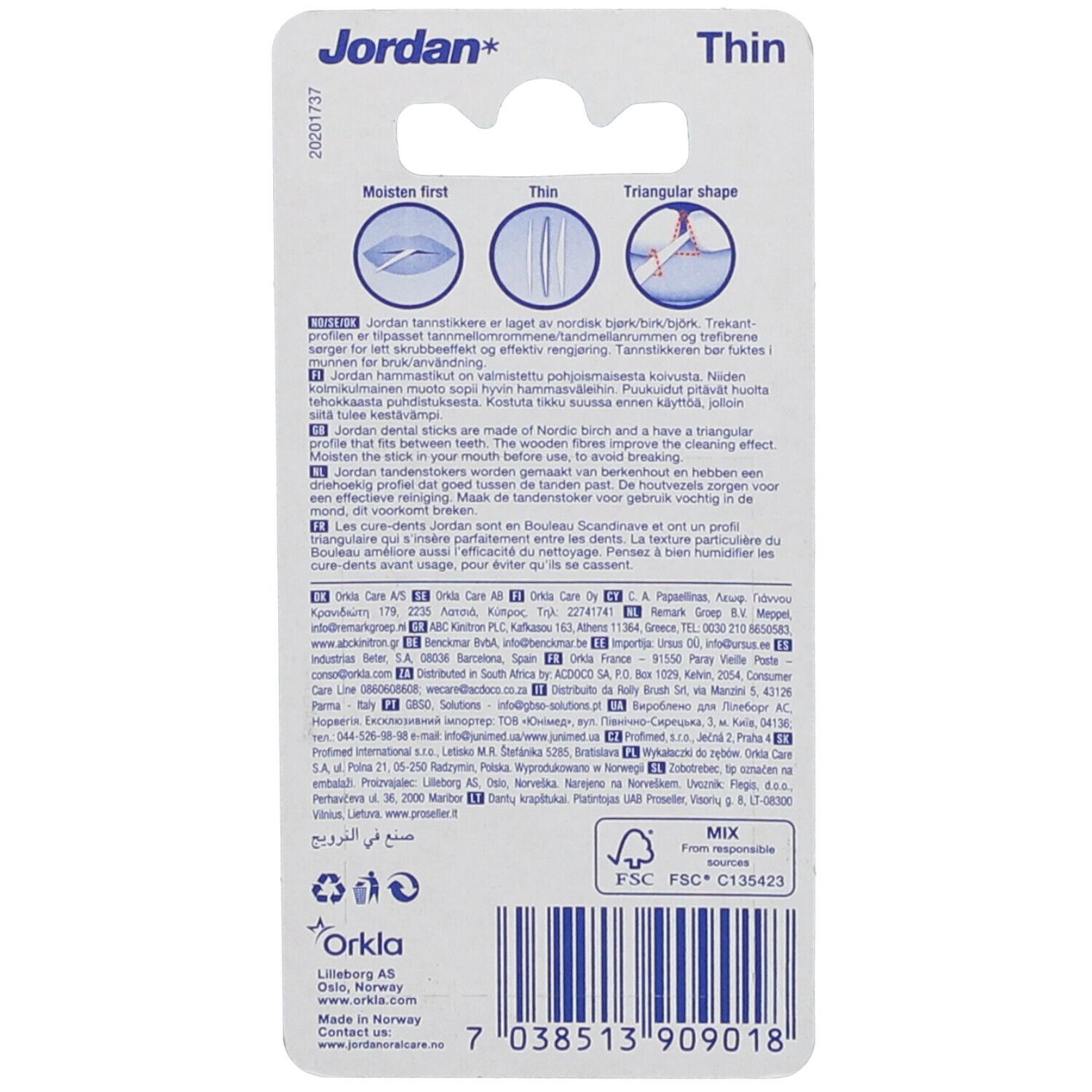 Achterkant van de tandenstoker verpakking. Tekst in meerdere talen. "Jordan" logo. FSC certificering.