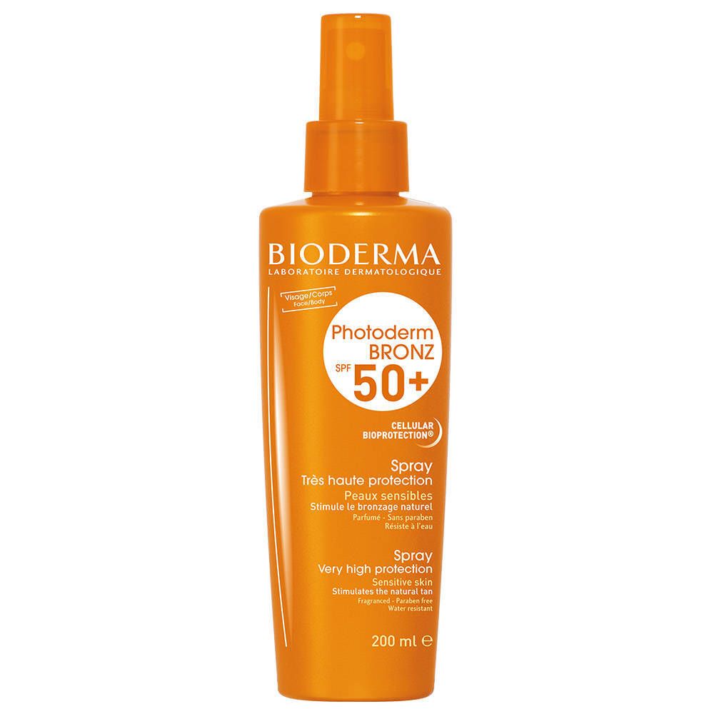 Flacon spray orange avec logo BIODERMA. Nom du produit: Photoderm BRONZ SPF 50+. Contient 200 ml. Haute protection solaire.
