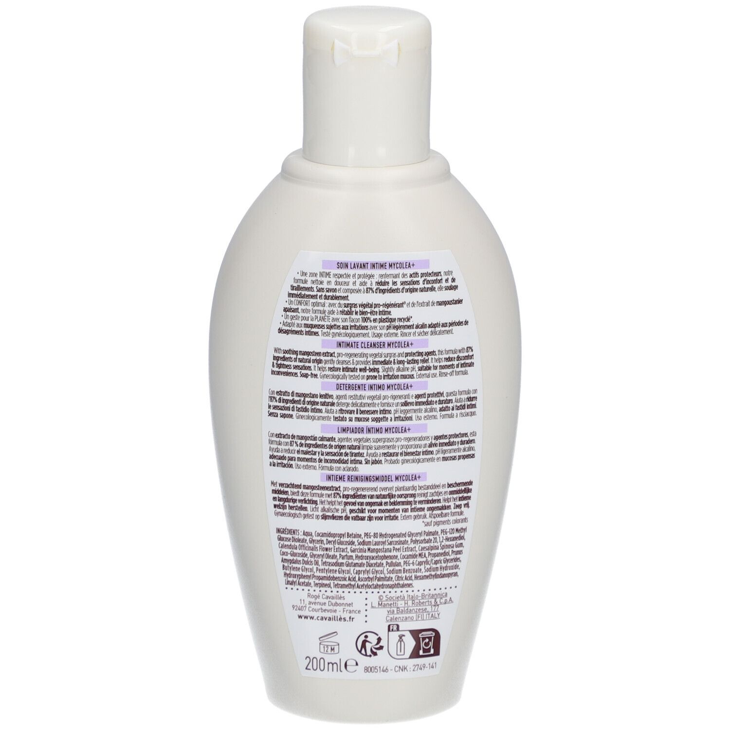 Dos du flacon blanc. Texte avec informations sur le produit. Soin lavant intime.
