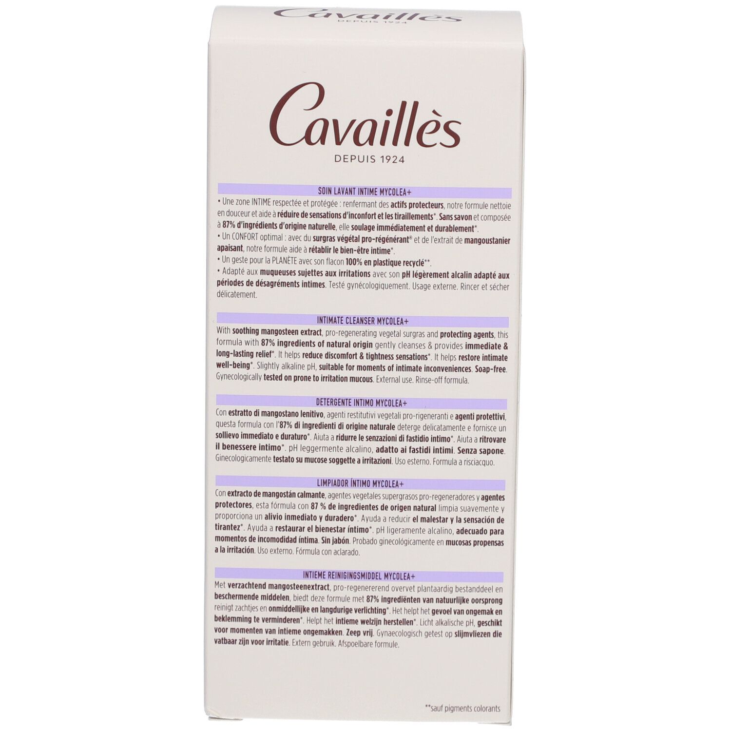 Emballage blanc du produit. Texte avec informations sur le produit. Ingrédients et fabricant.