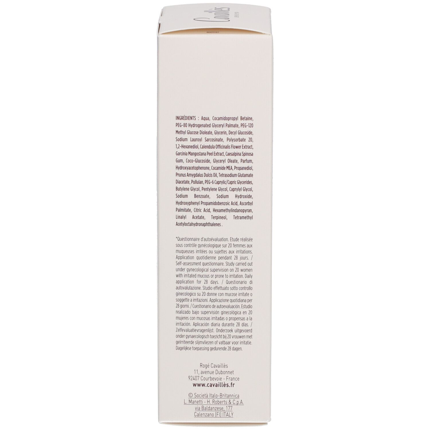 Emballage blanc du produit. Texte avec informations sur le produit. Adresse et contact du fabricant.