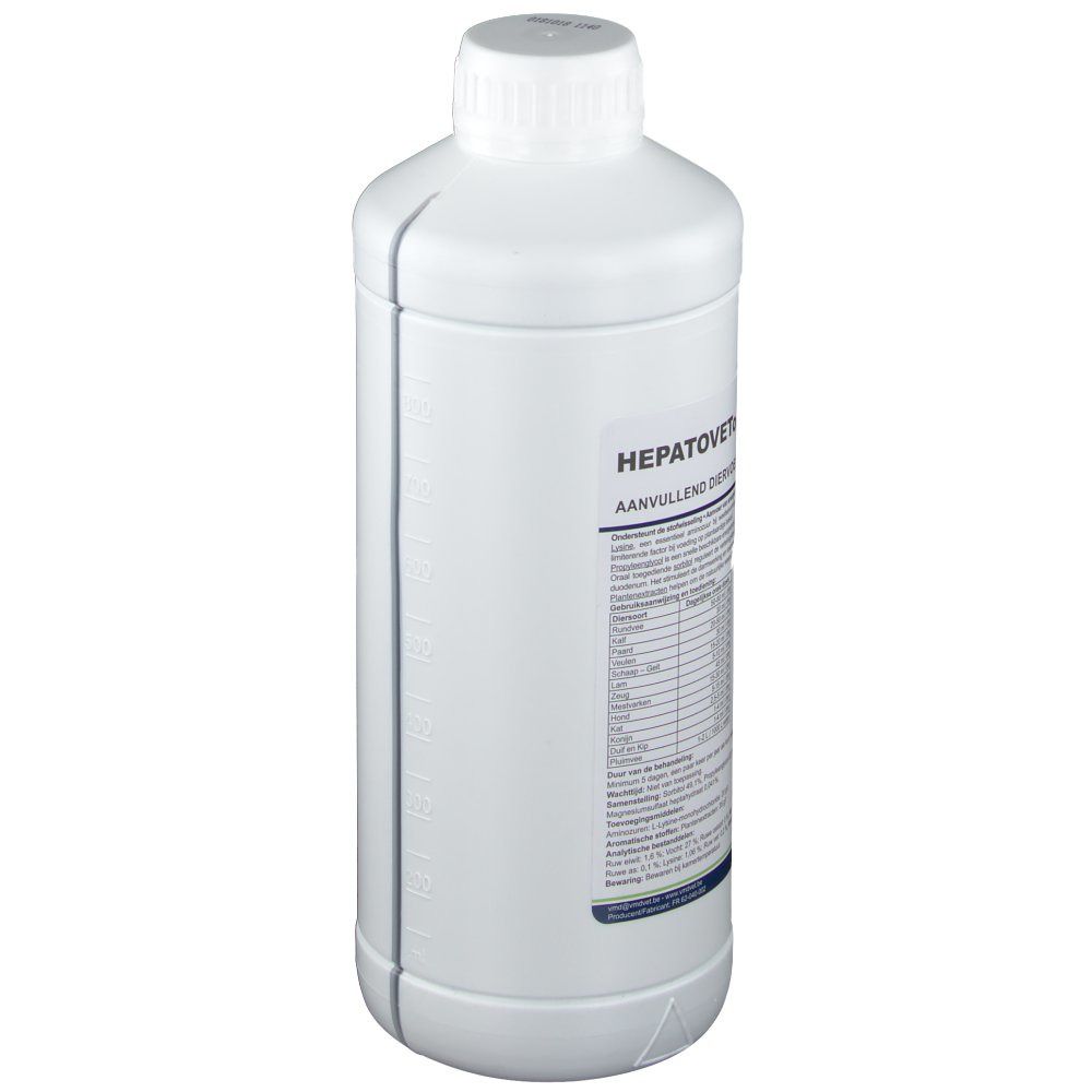 Bouteille blanche avec étiquette. Inscription: HEPATOVETO®. Informations et échelle de mesure sur l'étiquette.