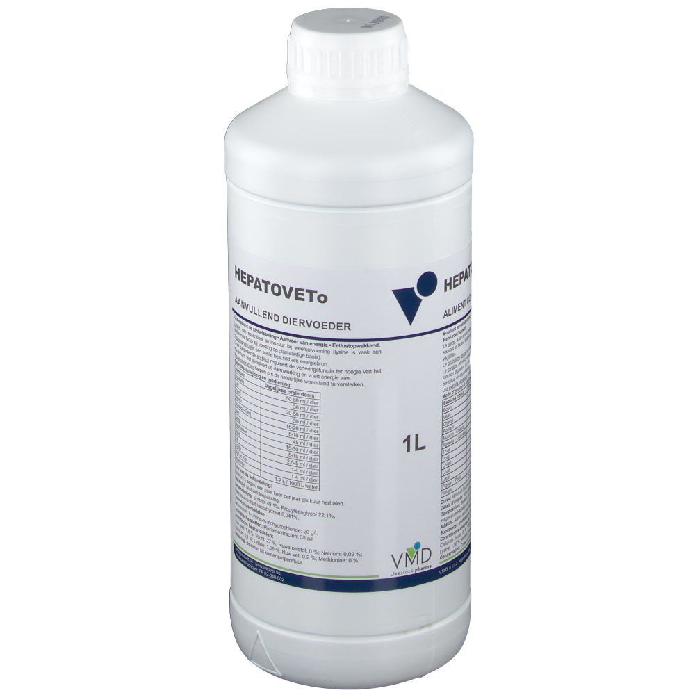 Bouteille blanche avec étiquette. Inscription: HEPATOVETO®. Informations et échelle de mesure sur l'étiquette.