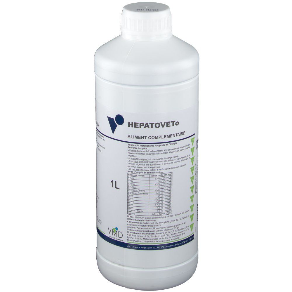 Bouteille blanche avec étiquette. Inscription: HEPATOVETO®. Marque 1L. Informations sur l'étiquette.