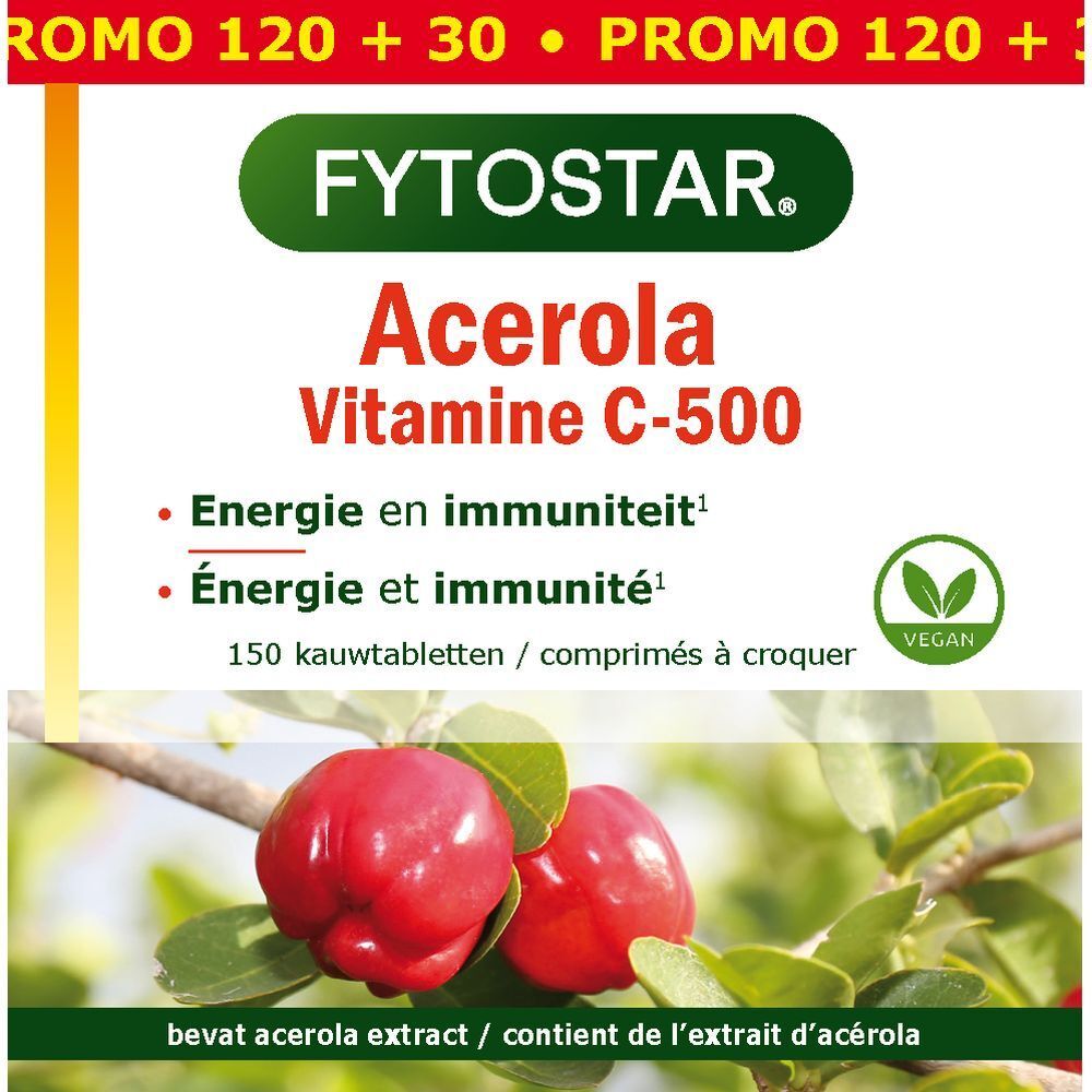 Boîte avec nom du produit et ingrédients. Label vegan. Illustration de fruits d'acérola.