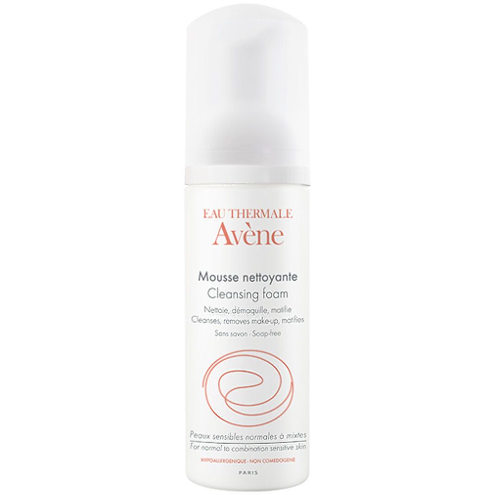 Flacon blanc avec pompe. Inscription: Eau Thermale Avène, Mousse nettoyante, Cleansing foam. Pour peaux normales à mixtes.
