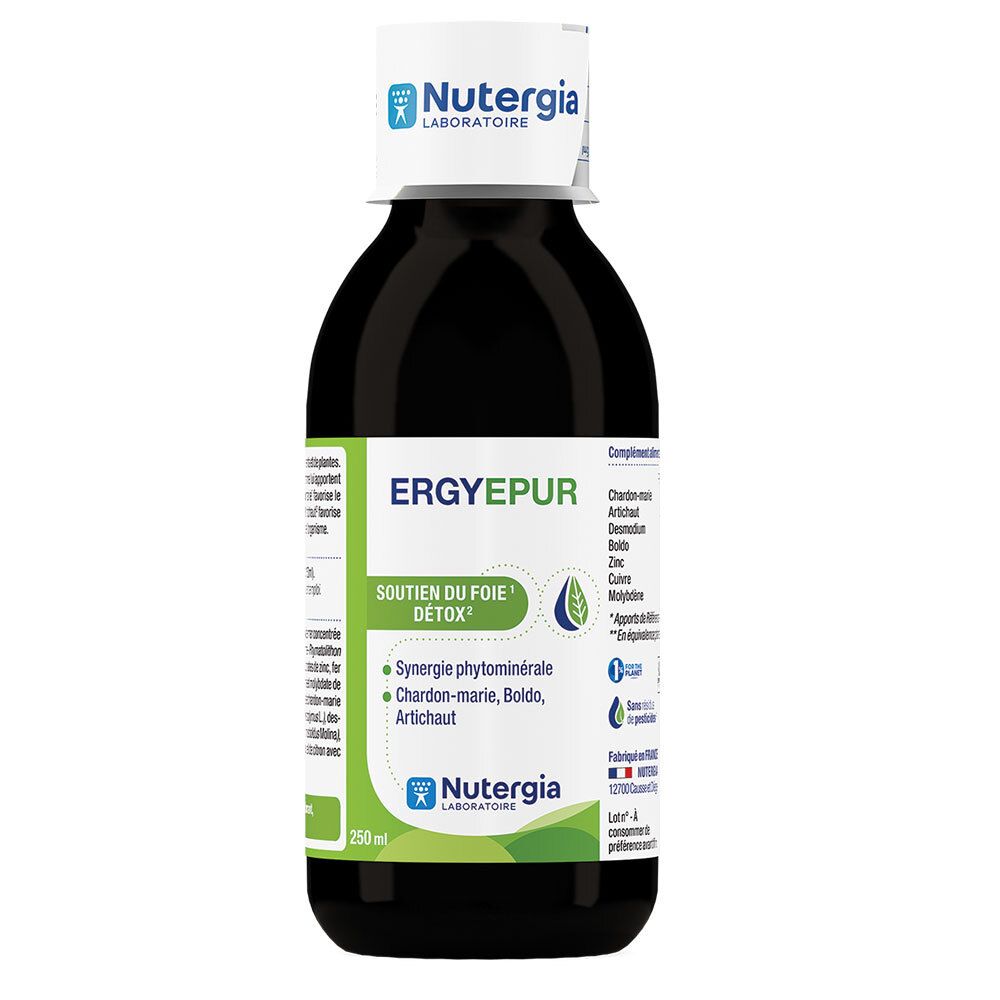 Flacon de liquide brun avec bouchon blanc. Inscription ERGYEPUR, Nutergia. Étiquettes vertes et blanches avec informations produit.