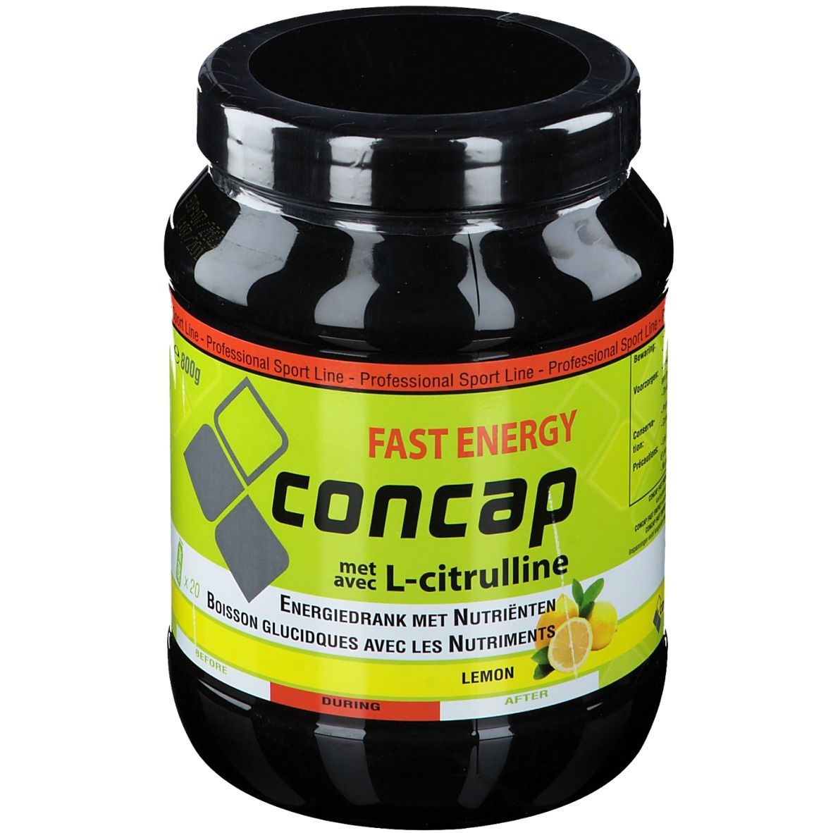 Pot noir avec étiquette jaune. Inscription: Concap Fast Energy avec L-citrulline. Goût citron. Professional Sport Line.