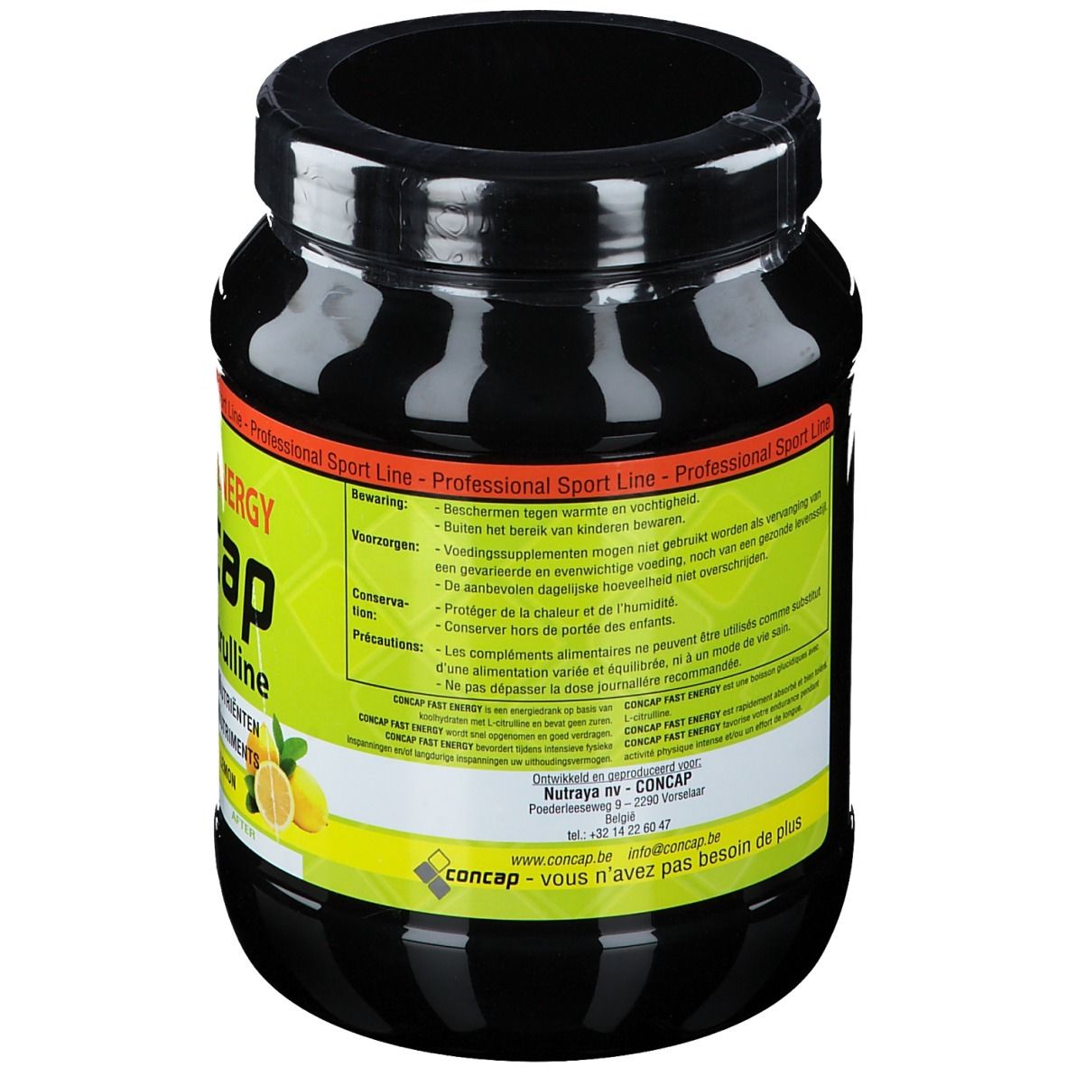 Pot noir avec étiquette jaune. Texte: Précautions, conseils, conservation. Professional Sport Line. Concap Fast Energy Citron.