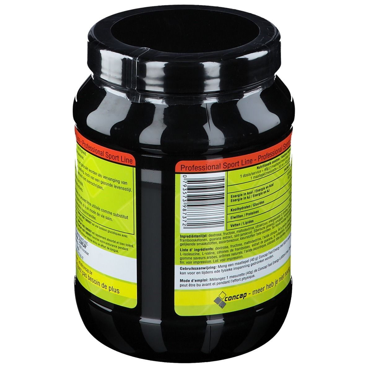 Pot noir avec étiquette jaune. Texte: Ingrédients, informations nutritionnelles, mode d'emploi. Professional Sport Line. Concap Fast Energy.