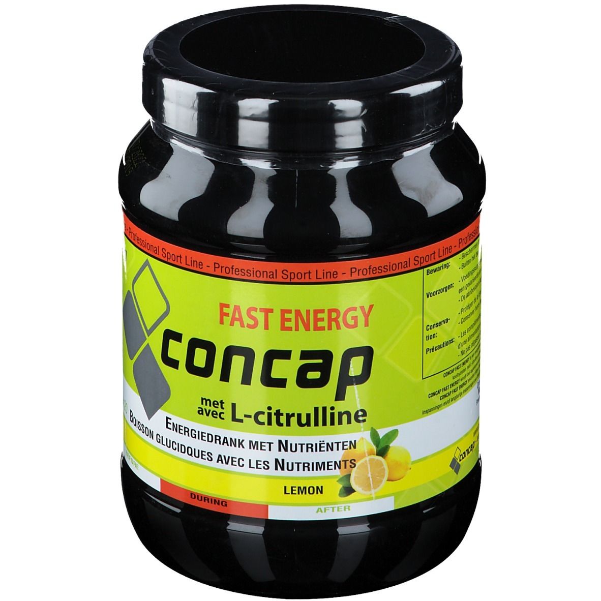 Pot noir avec étiquette jaune. Inscription: Concap Fast Energy avec L-citrulline. Goût citron. Professional Sport Line.