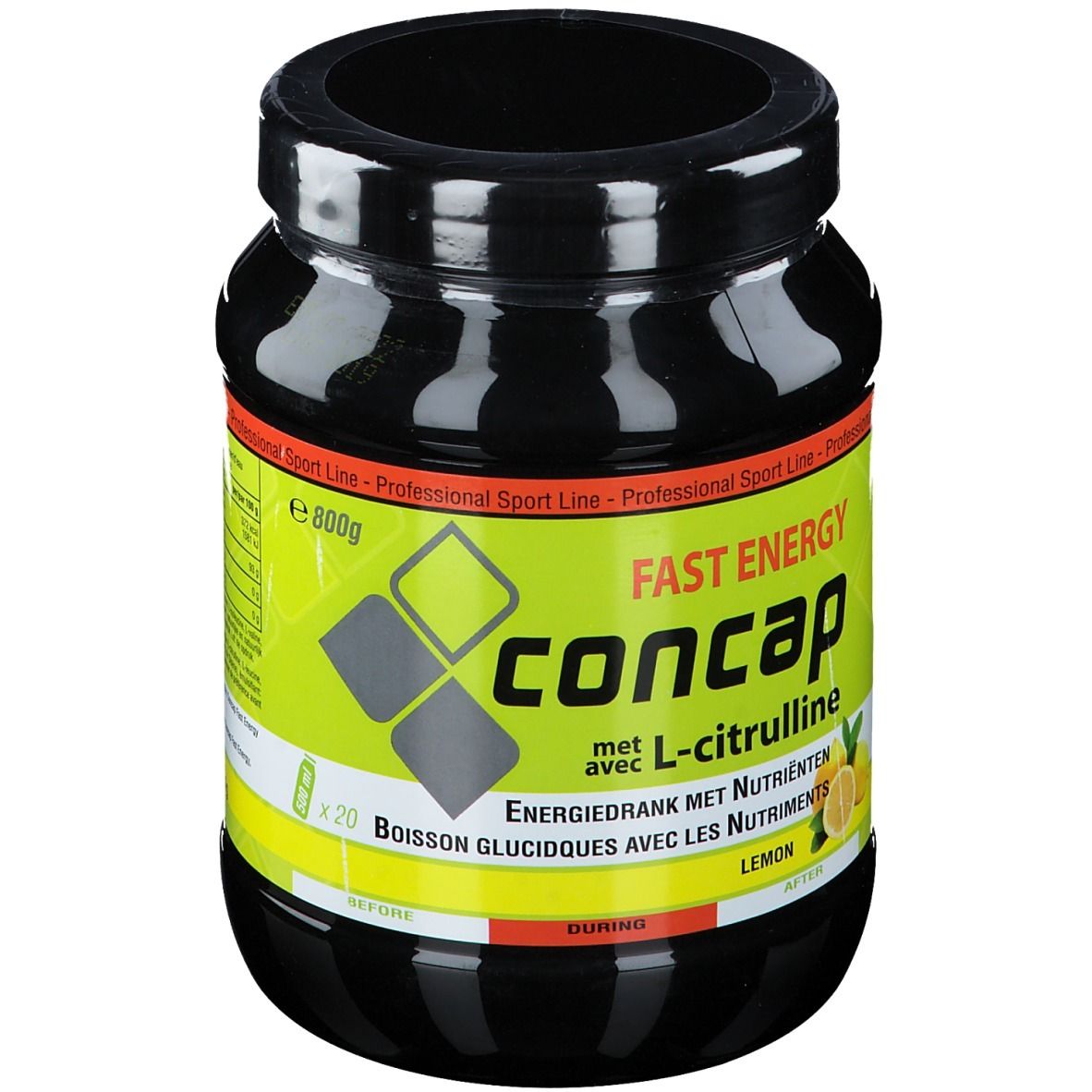 Pot noir avec étiquette jaune. Inscription: Concap Fast Energy avec L-citrulline. 800g, 20 portions. Goût citron. Professional Sport Line.
