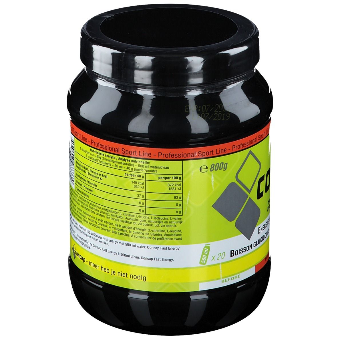 Pot noir avec étiquette jaune. Inscription: Concap Fast Energy avec L-citrulline. 800g, 20 portions. Informations nutritionnelles. Professional Sport Line.