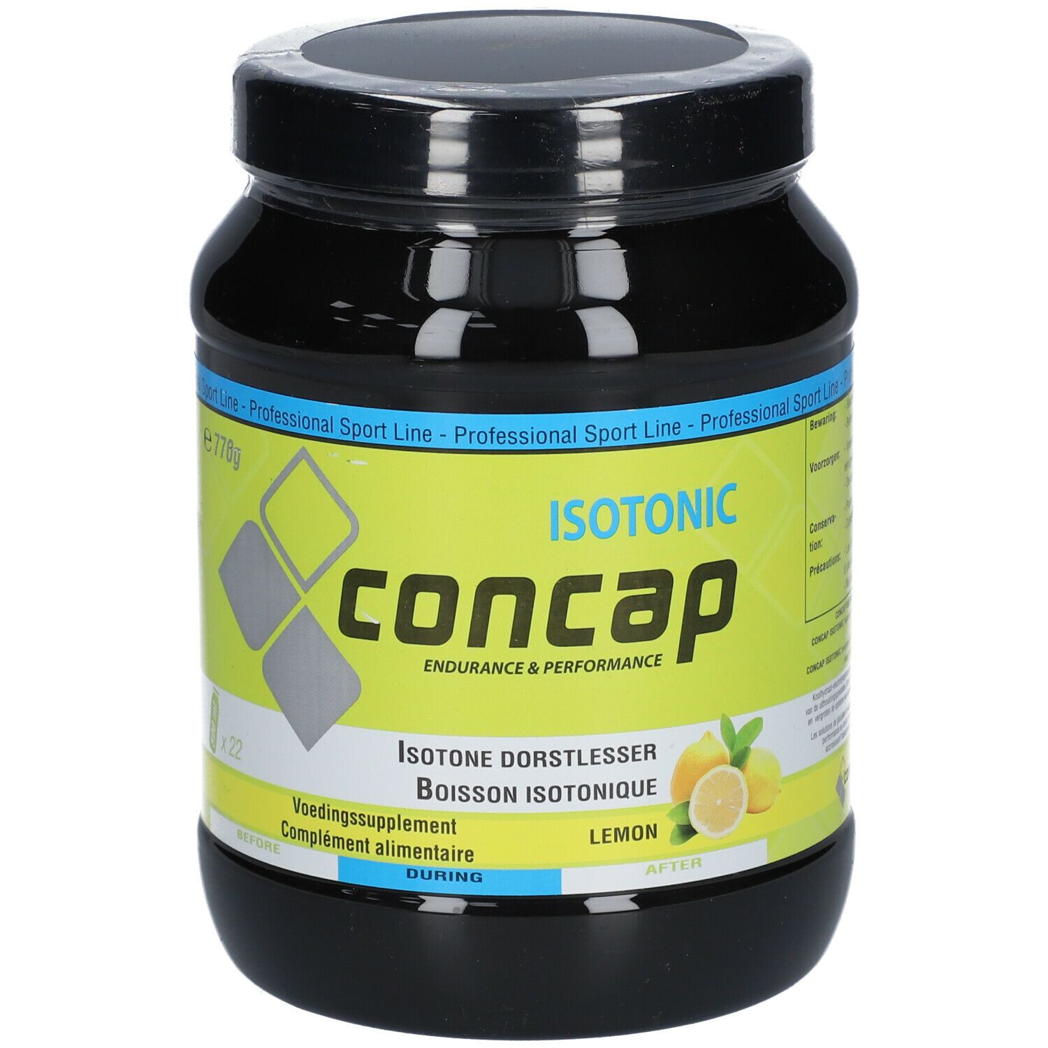 Pot noir Concap Isotonic Lemon. Inscription: Isotonic, Endurance & Performance. Illustration de citrons. Professional Sport Line.