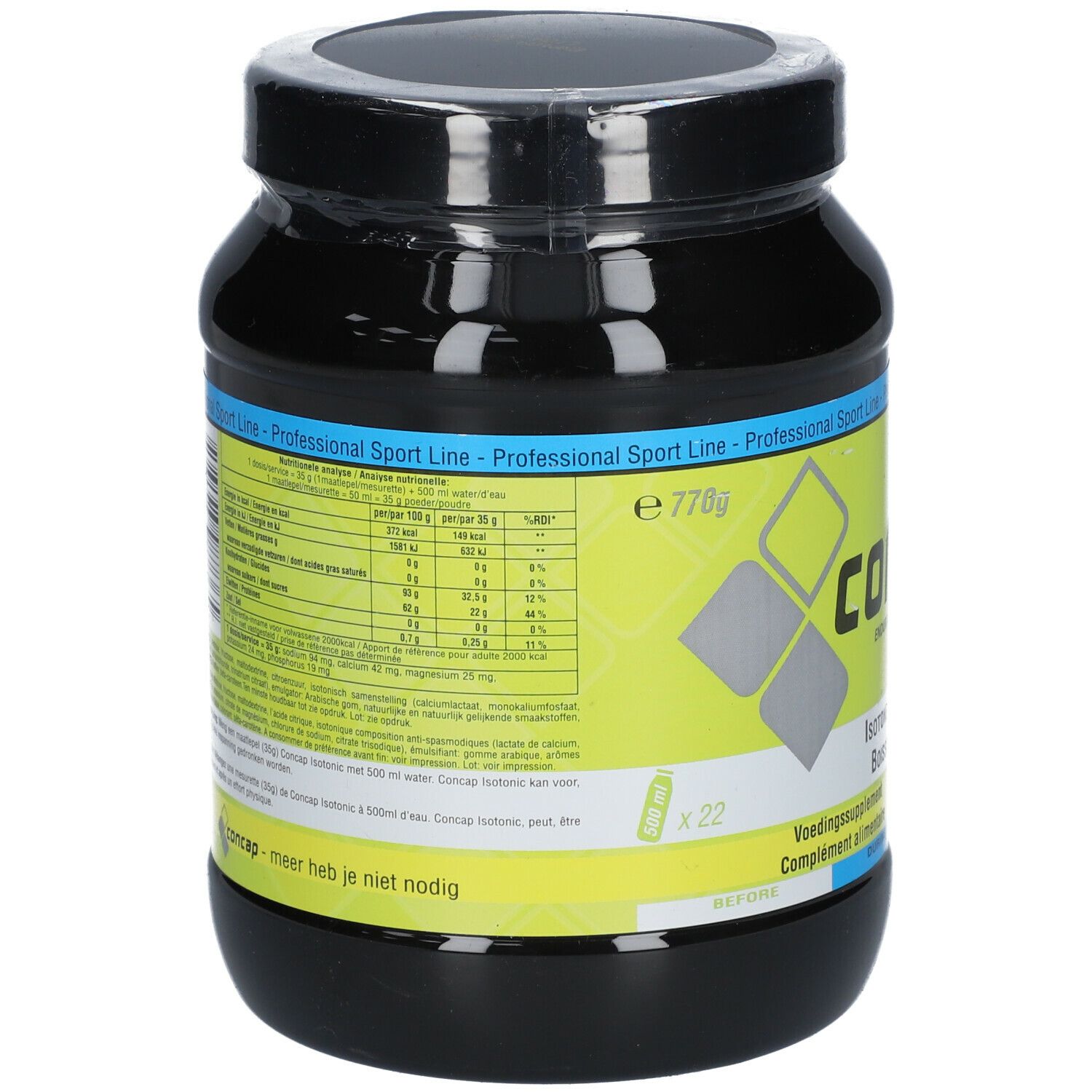 Pot noir Concap Isotonic. Informations nutritionnelles sur l'étiquette. Professional Sport Line. Contient 22 portions. E770g.