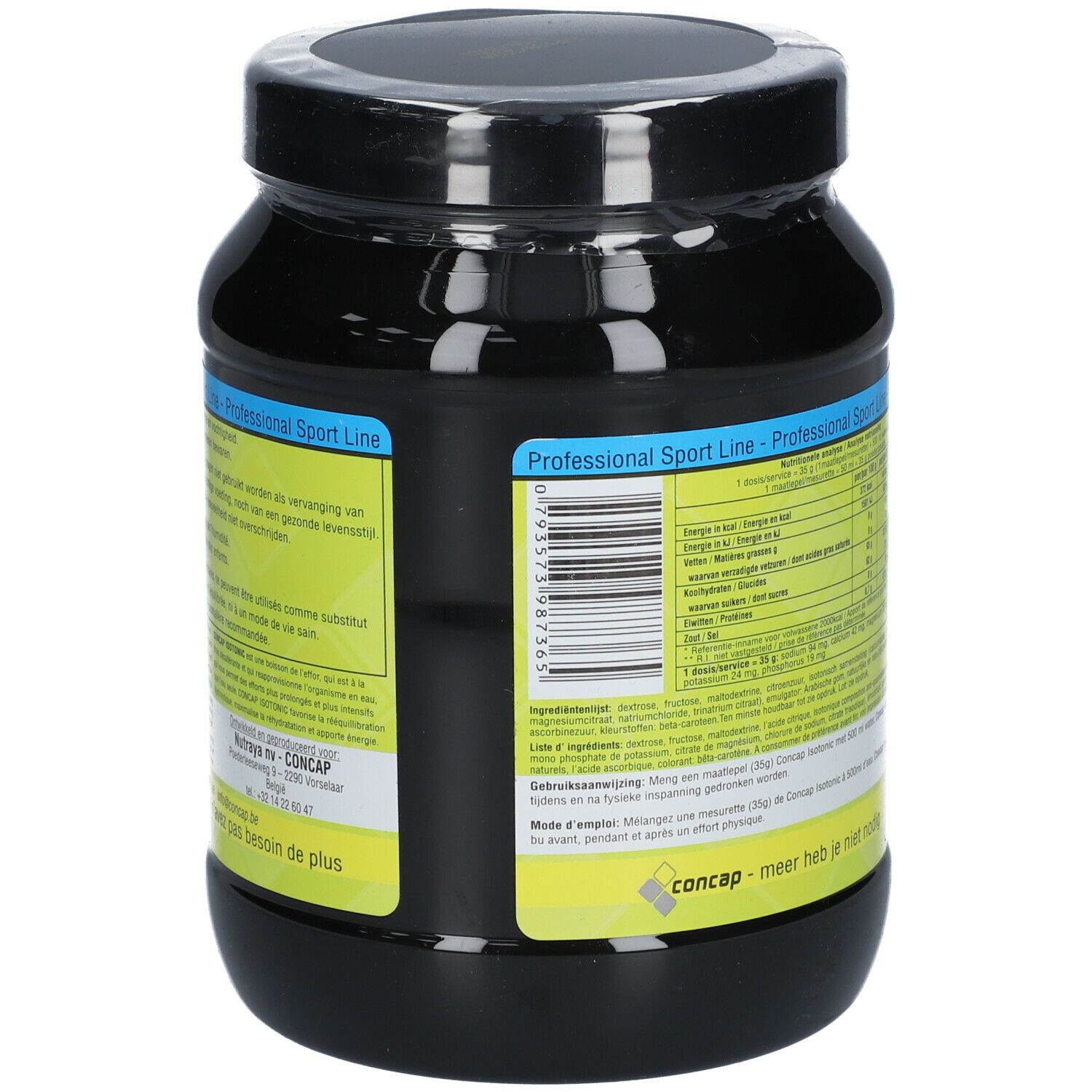 Dos du pot noir Concap Isotonic. Inscription: Professional Sport Line. Code-barres et informations nutritionnelles. Texte multilingue.