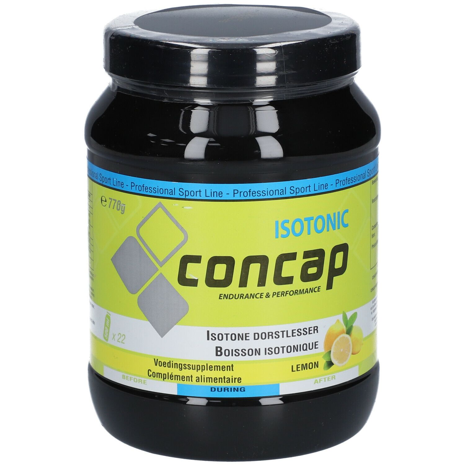 Pot noir Concap Isotonic Lemon. Inscription: Isotonic, Endurance & Performance. Illustration de citrons. Professional Sport Line. 22 portions.