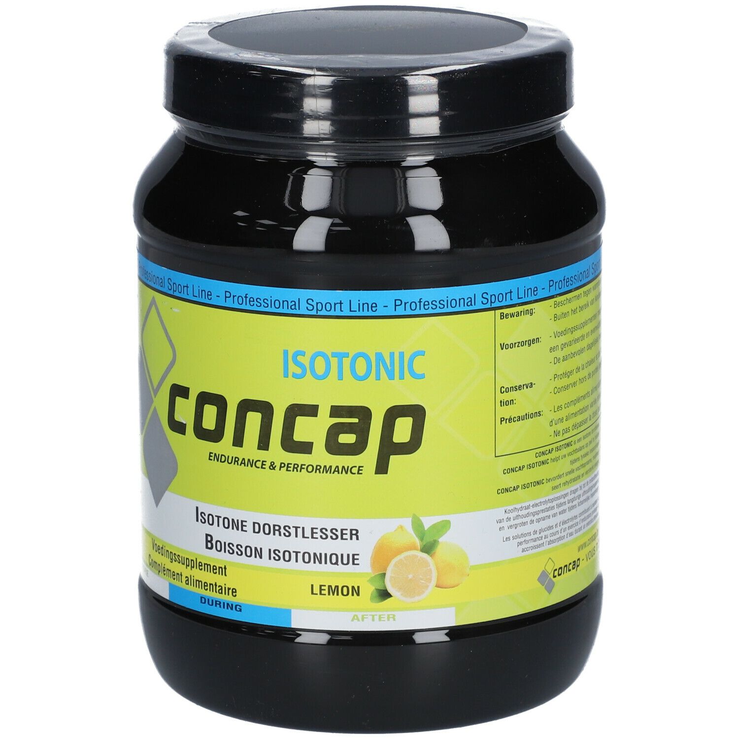 Pot noir Concap Isotonic Lemon. Inscription: Isotonic, Endurance & Performance. Illustration de citrons. Professional Sport Line. Après l'entraînement.