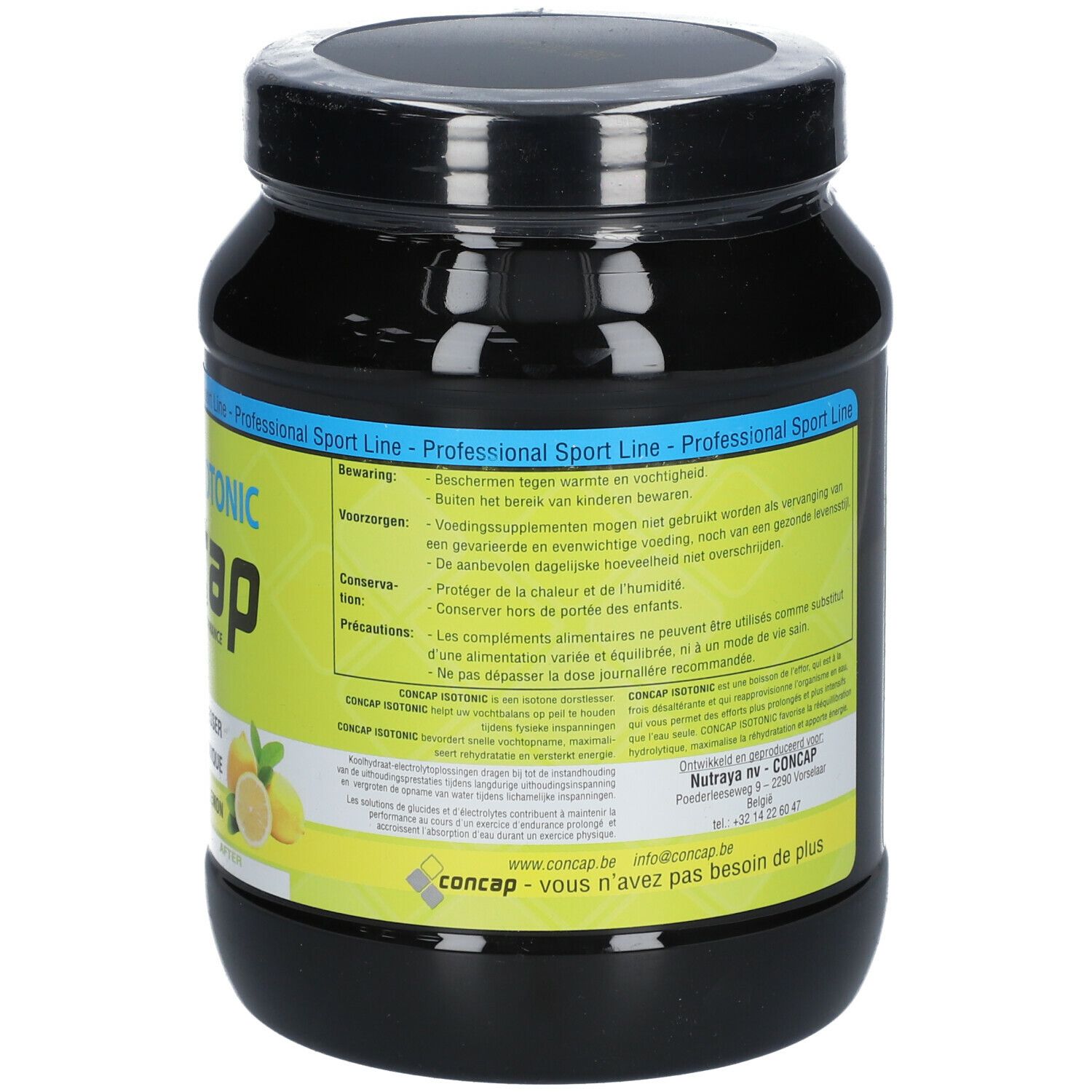 Pot noir Concap Isotonic. Inscription: Professional Sport Line. Avertissements et consignes de stockage. Avec illustration de citrons.