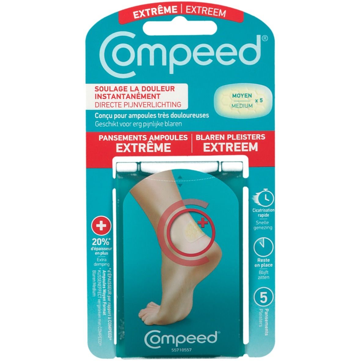 Compeed® Blasenpflaster Extreme Medium. Emballage avec pansements, illustration d'un pied avec indication rouge.