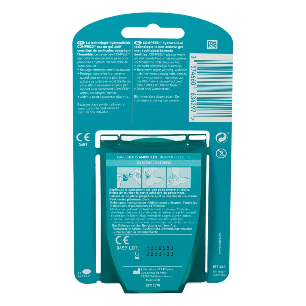 Dos de l'emballage Compeed® Blasenpflaster Extreme Medium. Informations textuelles et marquage CE.
