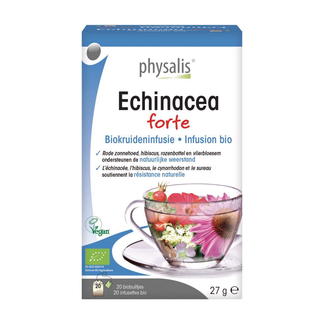 Boîte de Physalis Echinacea forte. Infusion bio. 20 sachets. Label Vegan.