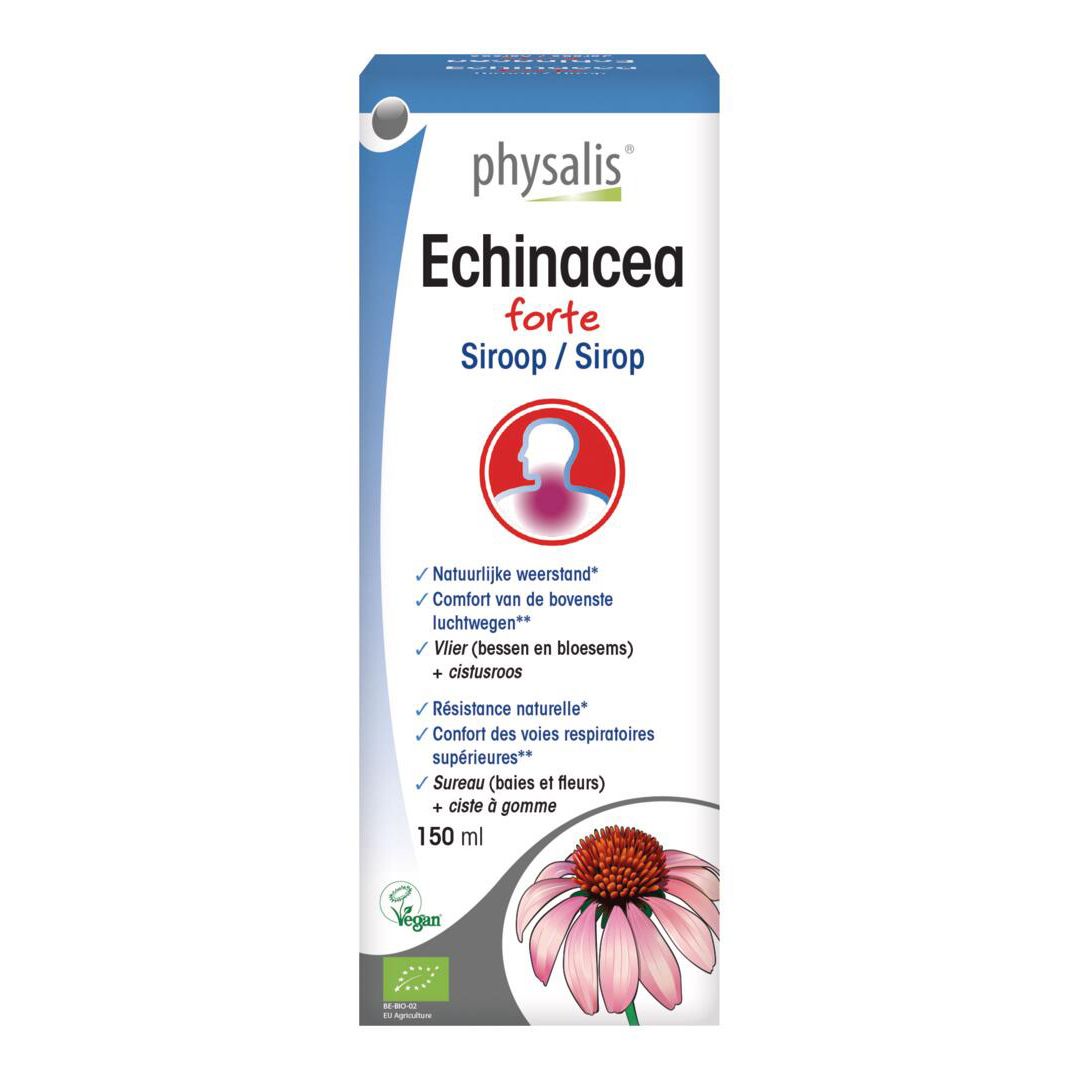 Emballage en carton. Inscription : Physalis Echinacea forte. Label bio. 150 ml. Avec illustration d'une fleur.