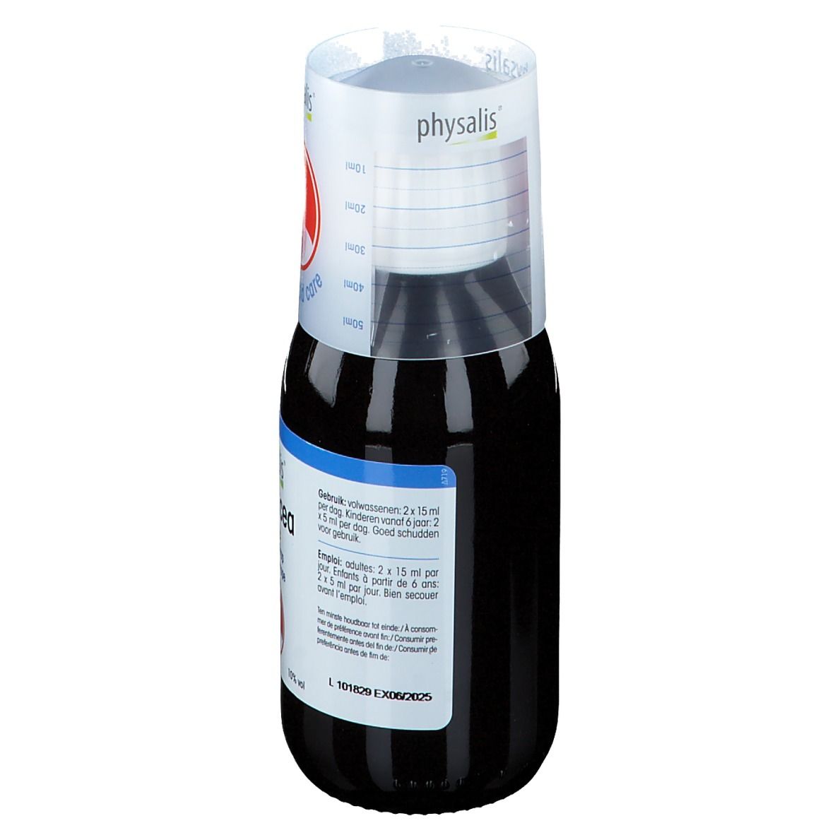 Flacon marron avec étiquette bleu et blanche. Inscription : Physalis Echinacea forte. Gobelet doseur avec échelle. Label bio.