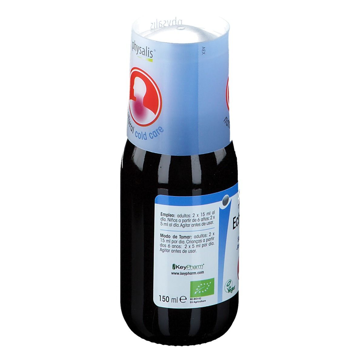 Flacon marron avec étiquette bleu et blanche. Inscription : Physalis Echinacea forte. Avec gobelet doseur. Label bio. 150 ml.