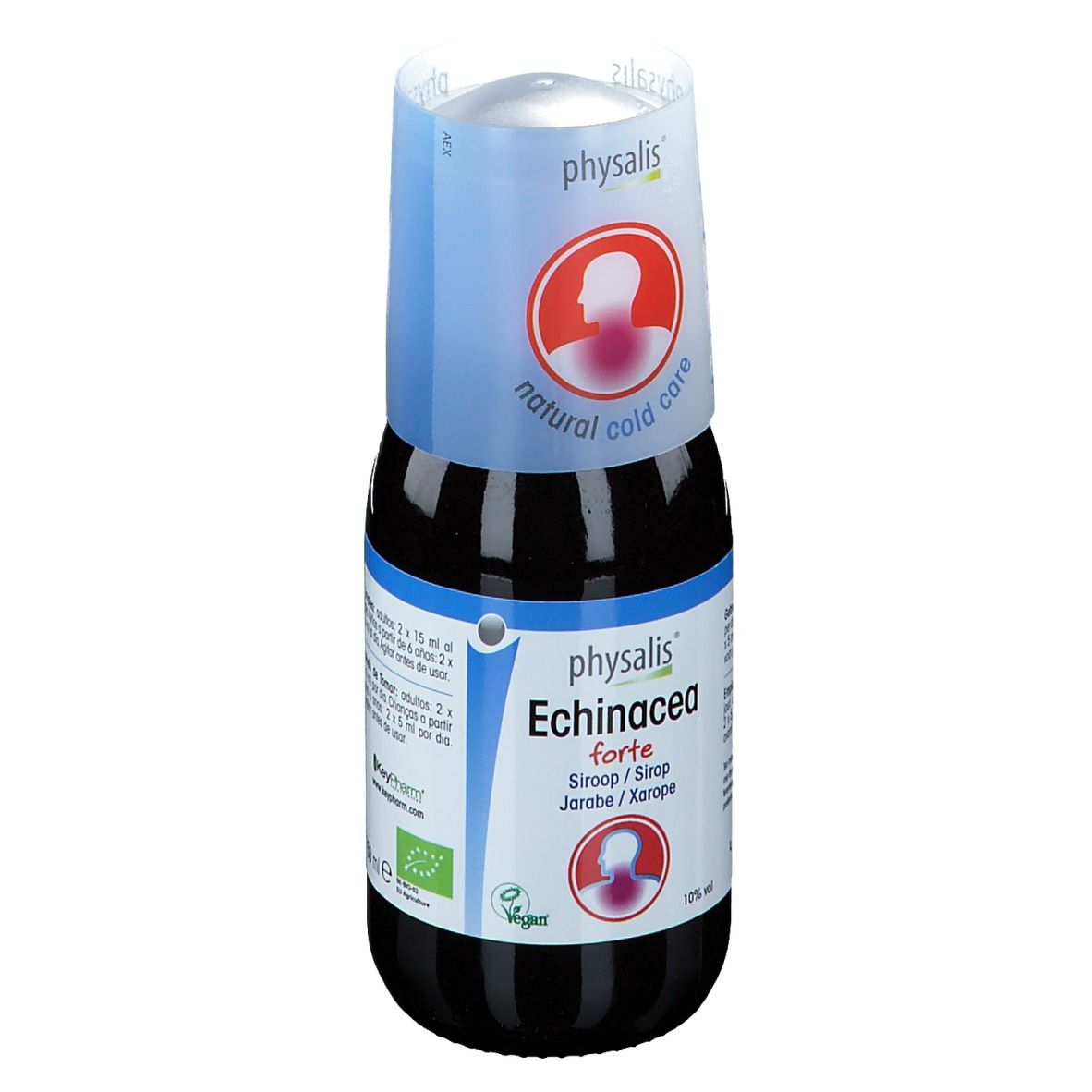 Flacon marron avec étiquette bleu et blanche. Inscription : Physalis Echinacea forte. Avec gobelet doseur. Label bio. 10% vol.