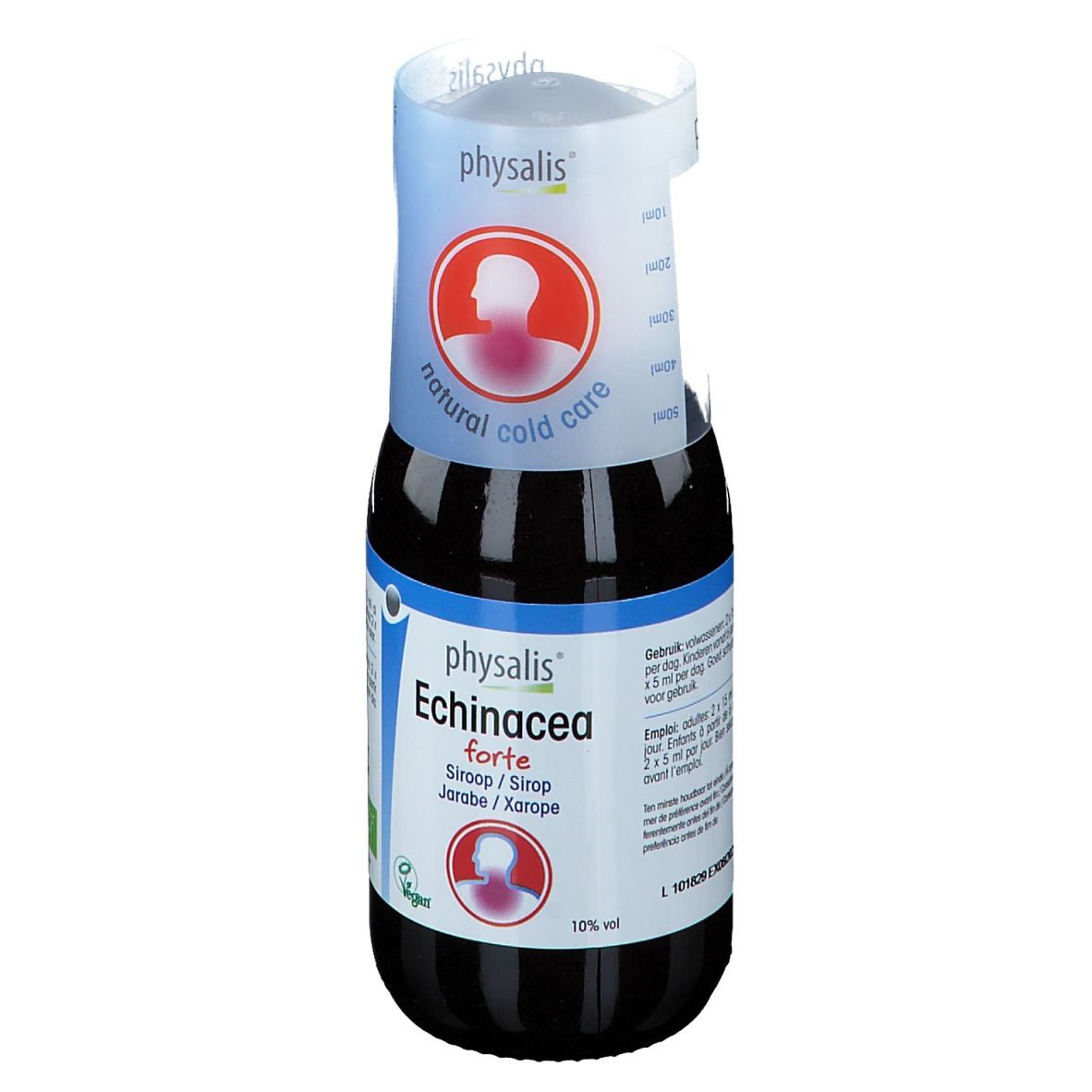 Flacon marron avec étiquette bleu et blanche. Inscription : Physalis Echinacea forte. Avec gobelet doseur. Label bio. 10% vol.