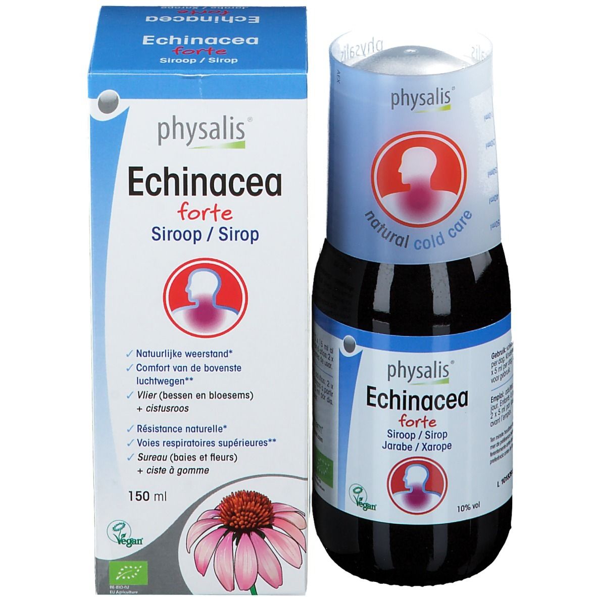 Emballage du produit avec flacon et boîte. Inscription : Physalis Echinacea forte. Label bio. 150 ml.