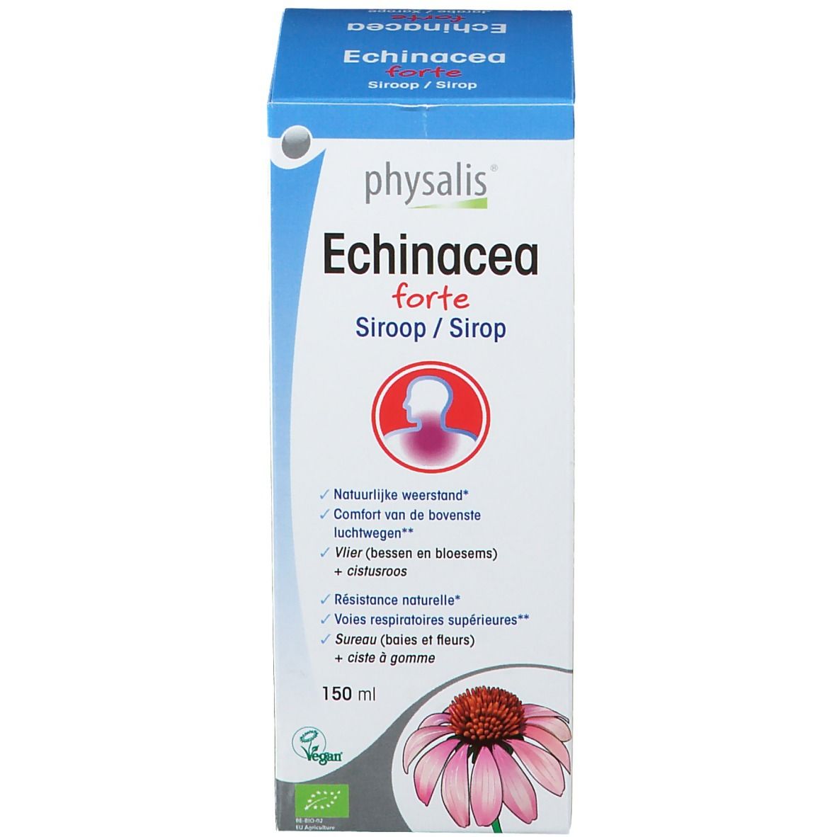 Emballage en carton. Inscription : Physalis Echinacea forte. Label bio. 150 ml. Avec illustration d'une fleur.