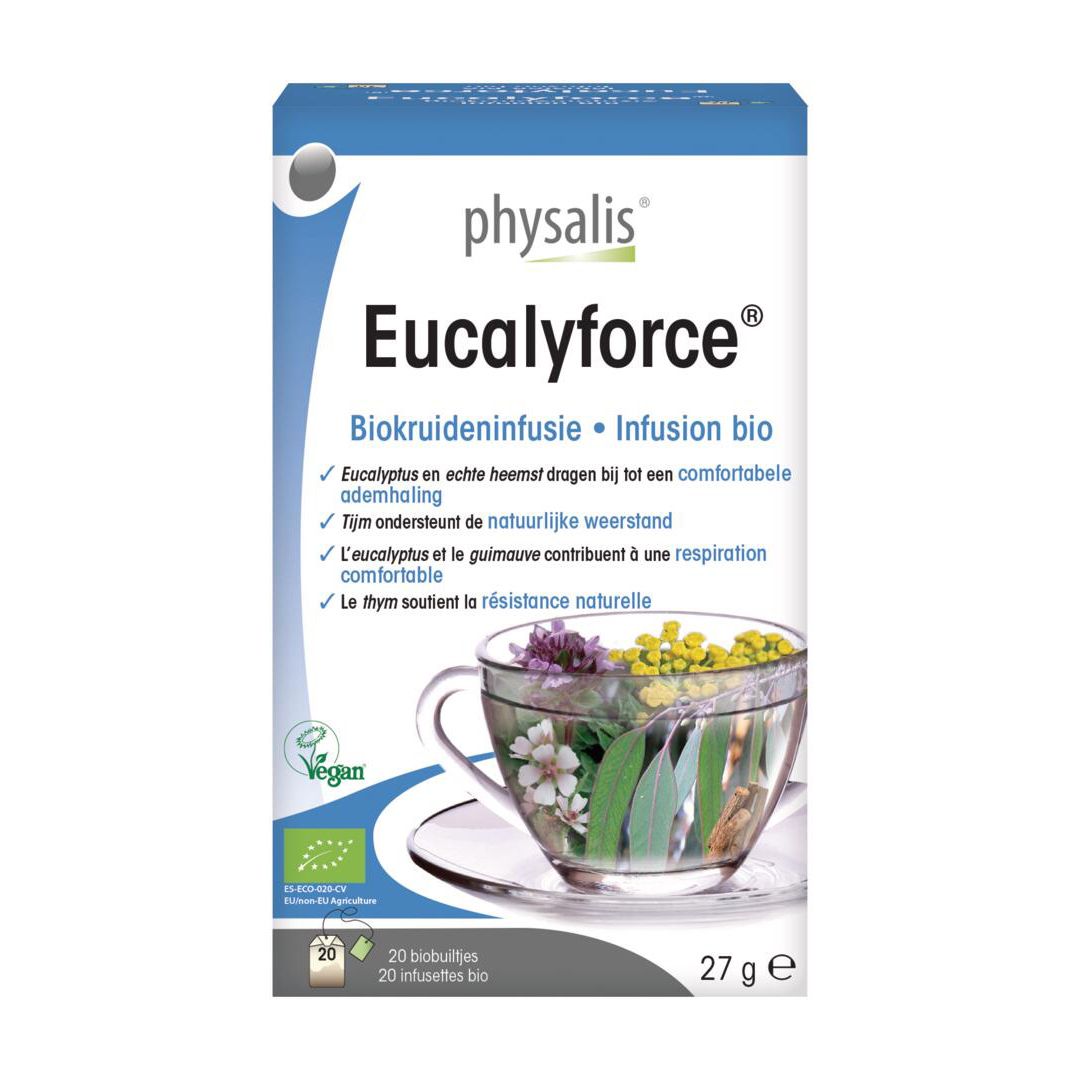 Doos physalis® Eucalyforce® Bio kruideninfusie. 20 zakjes, 27 g. Vegan-zegel. Blauw-witte verpakking.