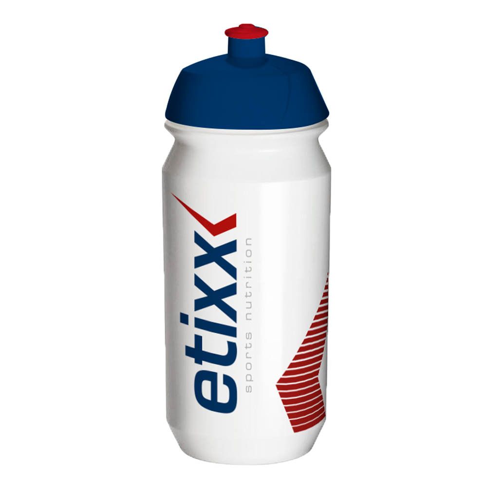 Gourde blanche avec bouchon bleu. Inscription : etixx sports nutrition. Accent rouge.