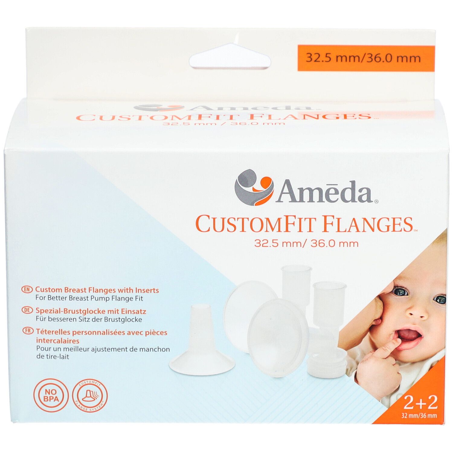 Boîte de CustomFit Flanges Ameda. Téterelles et accessoires. Taille : 32,5 mm/36,0 mm. Mention "NO BPA". Bébé en image.