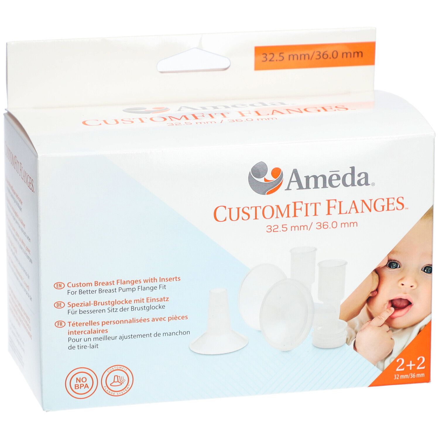 Boîte de CustomFit Flanges Ameda. Téterelles et accessoires. Taille : 32,5 mm/36,0 mm. Mention "NO BPA".