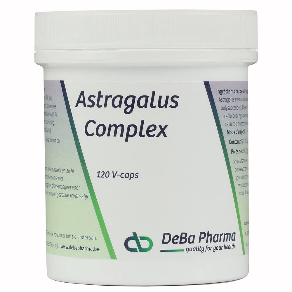 Pot blanc avec 'Astragalus Complex' et '120 V-caps'. Marque DeBa Pharma.