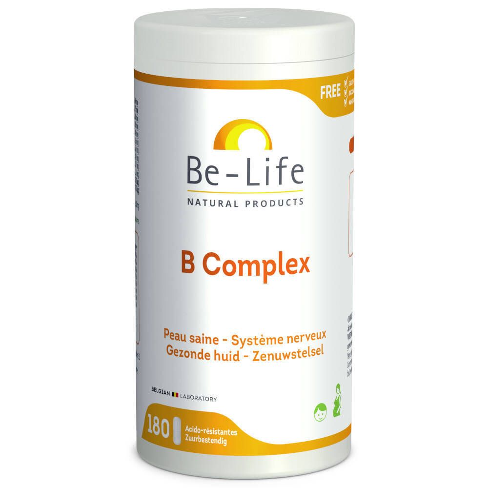 Cilindrische pot met witte deksel. Opschrift: Be-Life B Complex. Tekst in Frans, Nederlands. 180 tabletten.