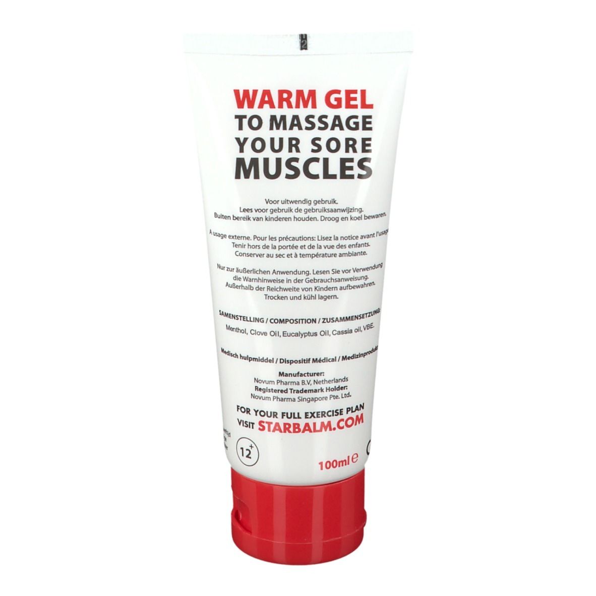 Witte tube met rode dop. Tekst: "WARM GEL TO MASSAGE YOUR SORE MUSCLES". Bevat 100ml.