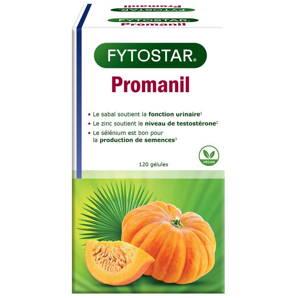 Verpakking "Fytostar Promanil". Groen, wit en blauw. Pompoen en palmblad. "120 capsules" en Vegan-label.
