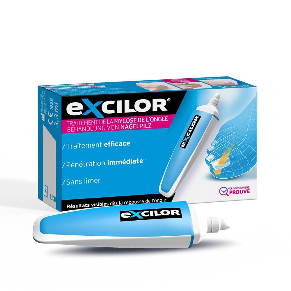 excilor® Precision Nail Pen et emballage. Flacon bleu avec applicateur blanc. Inscription: excilor®.