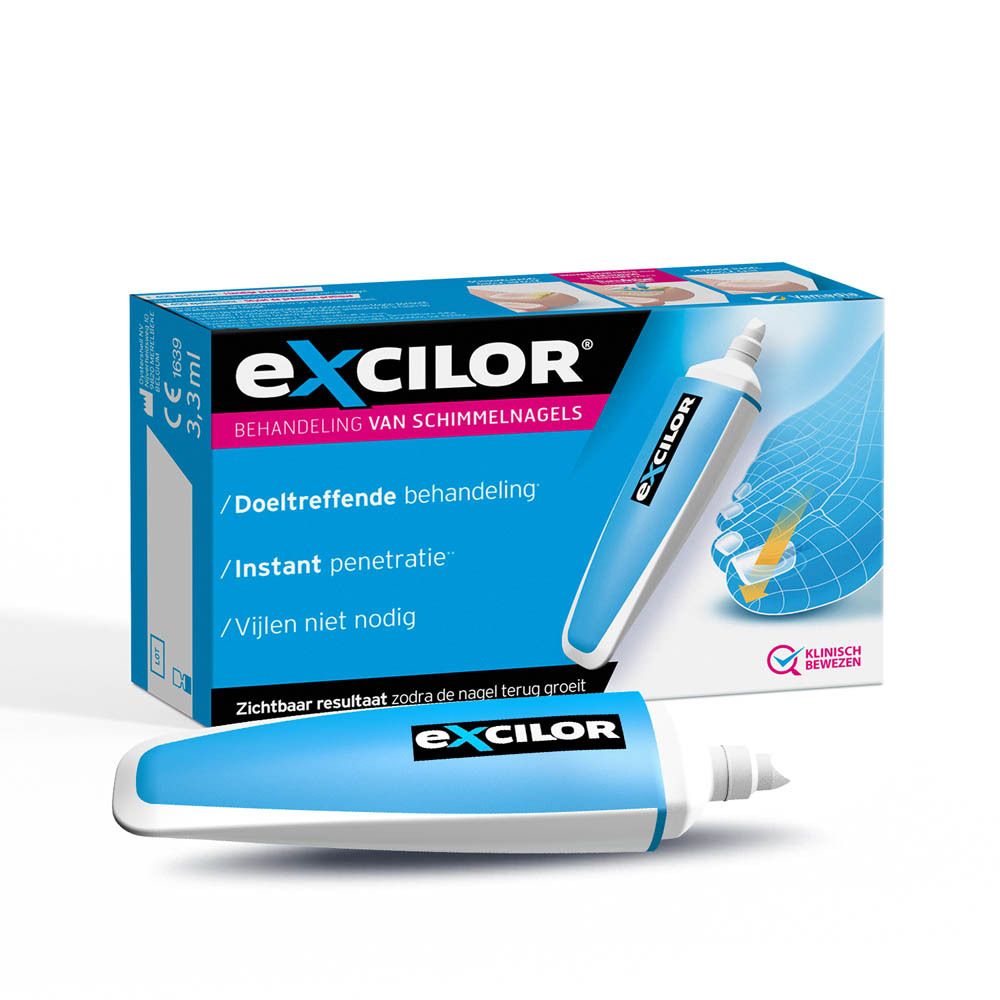excilor® Precision Nail Pen en verpakking. Blauwe fles met witte applicator. Opschrift: excilor®.
