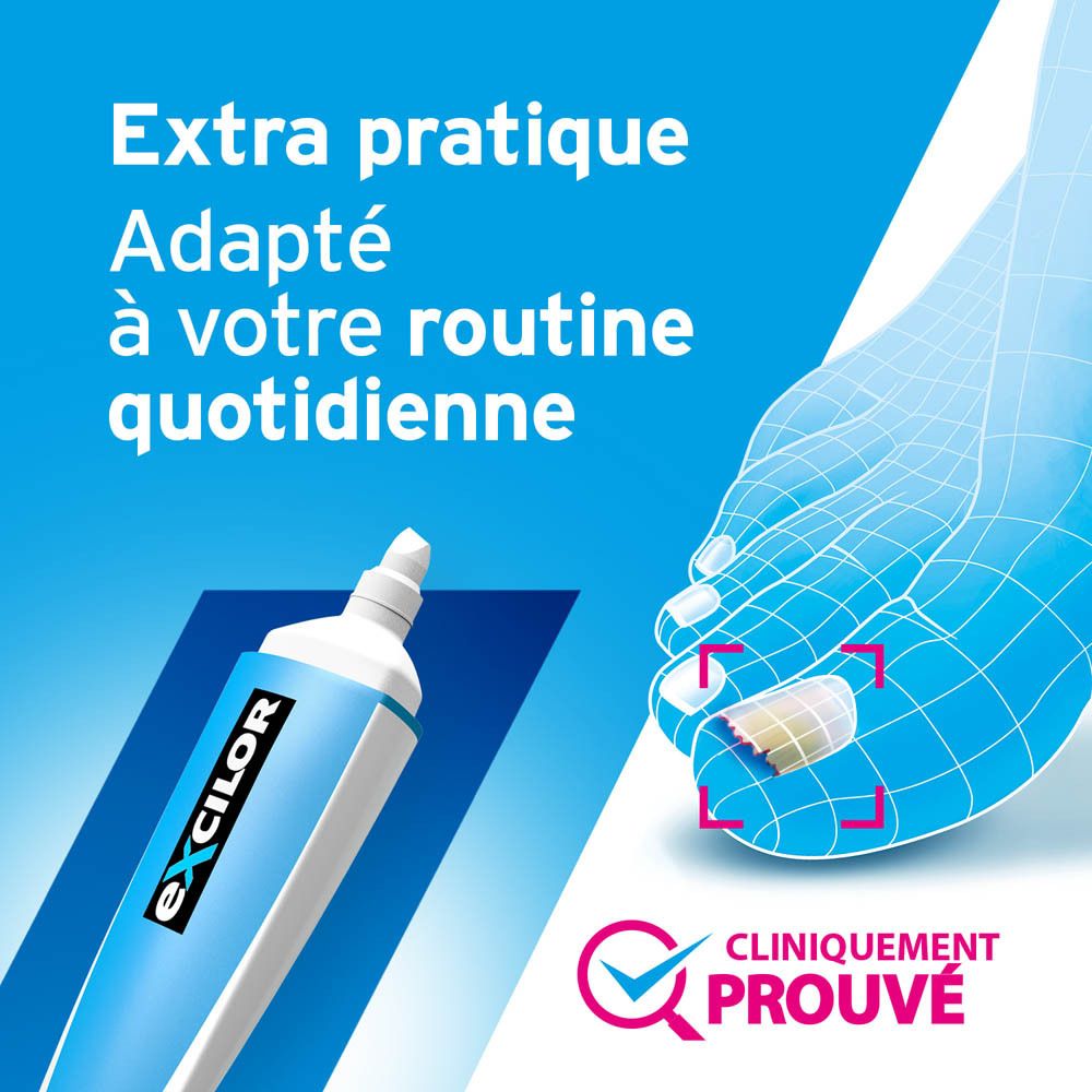 excilor® Precision Nail Pen et emballage. Flacon bleu avec applicateur blanc. Inscription: excilor®.